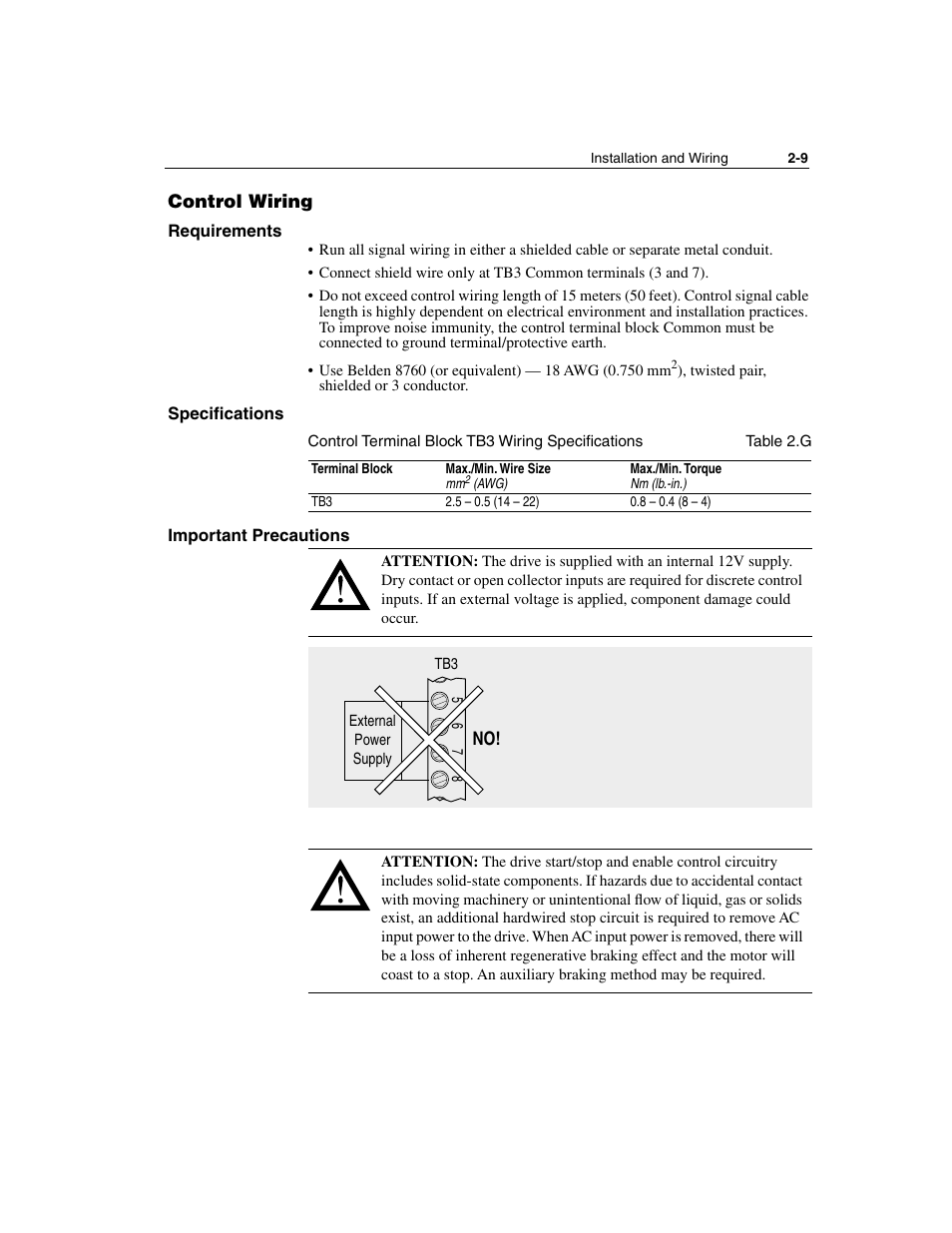 Control wiring, Requirements, Specifications | Important precautions, Control wiring -9 | Rockwell Automation 160 SSC Series C FRN 7.xx User Manual | Page 21 / 88