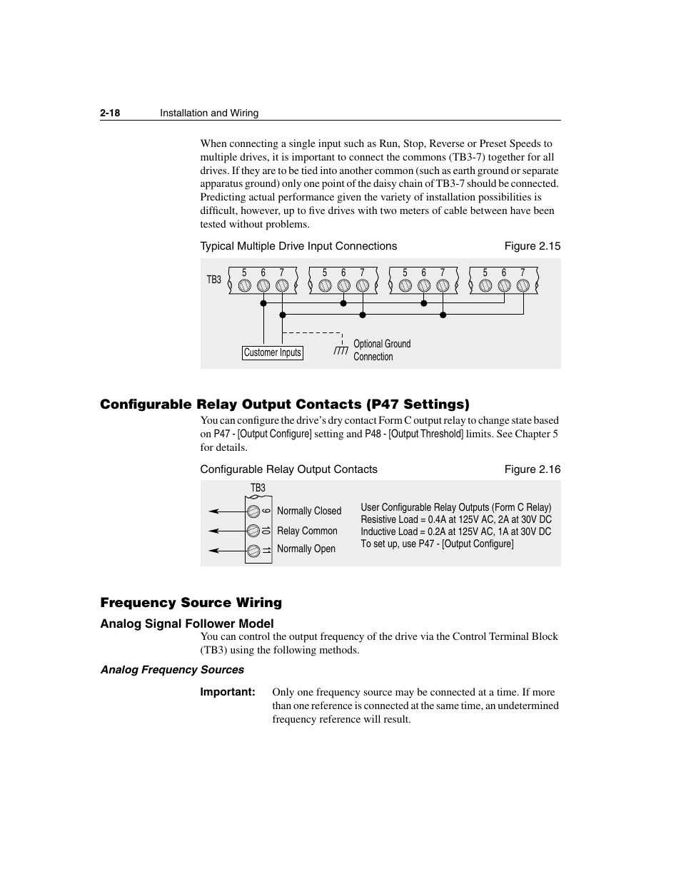 Configurable relay output contacts (p47 settings), Frequency source wiring, Analog signal follower model | Analog signal follower model -18 | Rockwell Automation 160 SSC Series C FRN 7.xx User Manual | Page 30 / 88