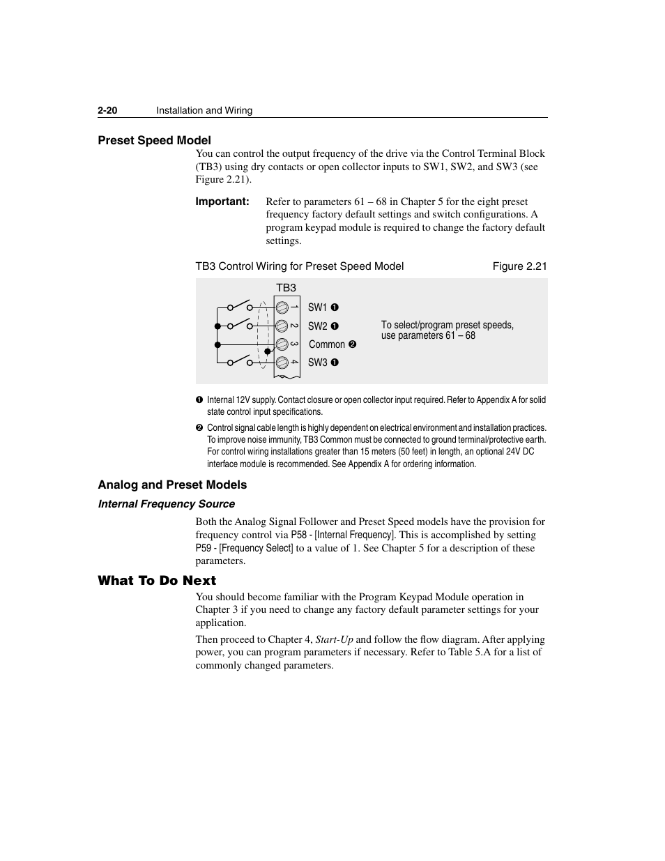 Preset speed model, Analog and preset models, What to do next | What to do next -20 | Rockwell Automation 160 SSC Series C FRN 7.xx User Manual | Page 32 / 88