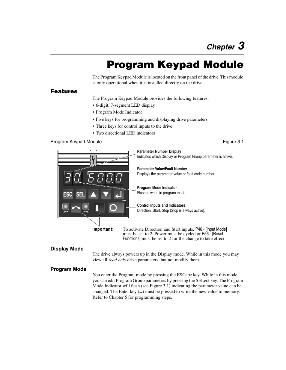 Chapter 3, Features, Display mode | Program mode, Program keypad module, Features -1, Display mode -1 program mode -1, Chapter | Rockwell Automation 160 SSC Series C FRN 7.xx User Manual | Page 33 / 88