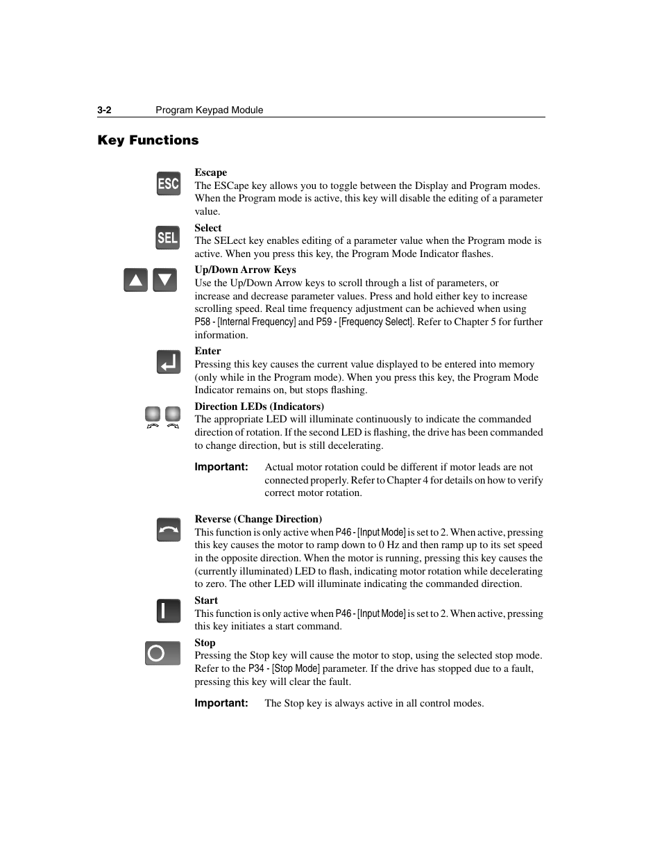 Key functions, Key functions -2 | Rockwell Automation 160 SSC Series C FRN 7.xx User Manual | Page 34 / 88