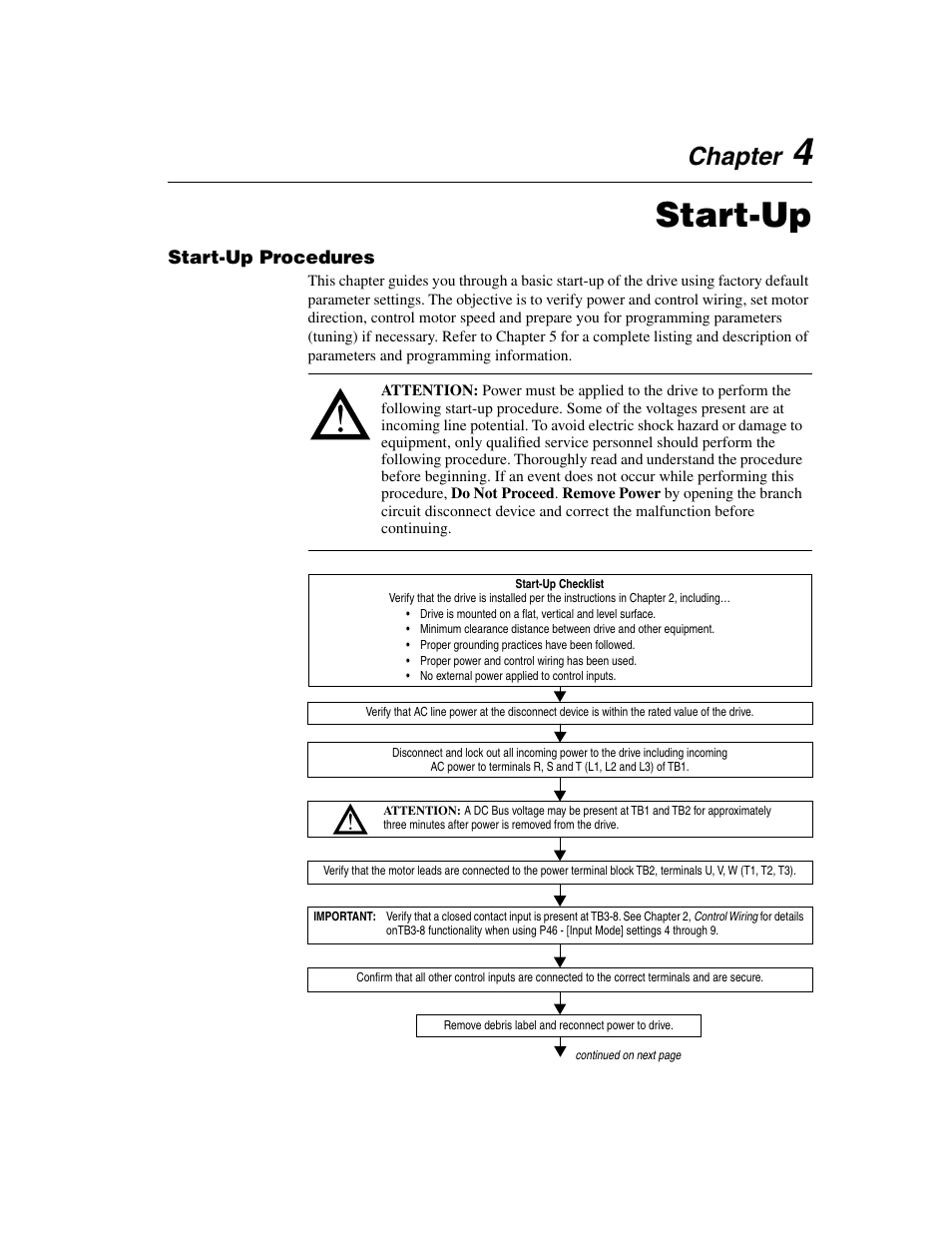 Chapter 4, Start-up procedures, Start-up | Start-up procedures -1, Chapter | Rockwell Automation 160 SSC Series C FRN 7.xx User Manual | Page 37 / 88