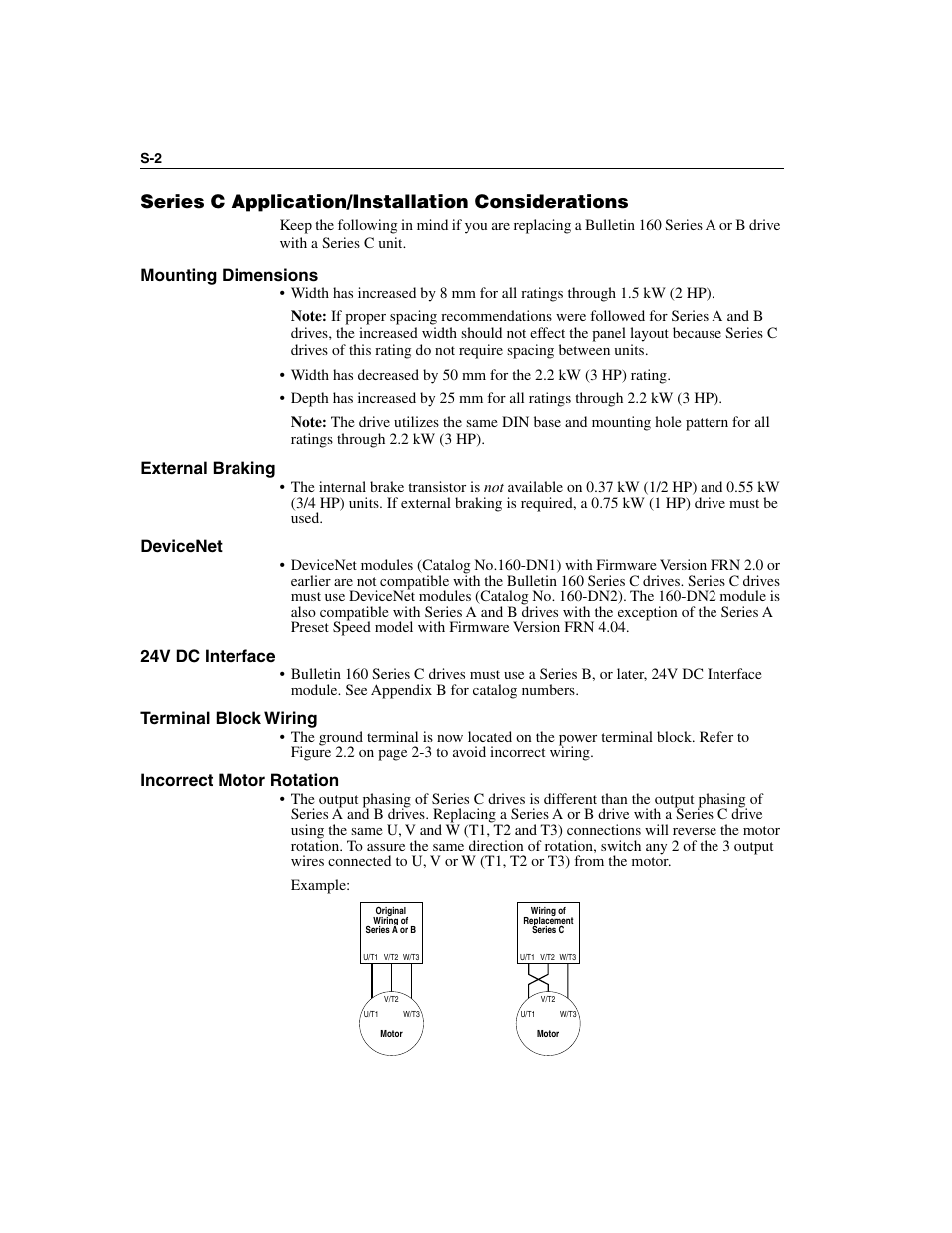 Series c application/installation considerations, Mounting dimensions, External braking | Devicenet, 24v dc interface, Terminal block wiring, Incorrect motor rotation | Rockwell Automation 160 SSC Series C FRN 7.xx User Manual | Page 4 / 88