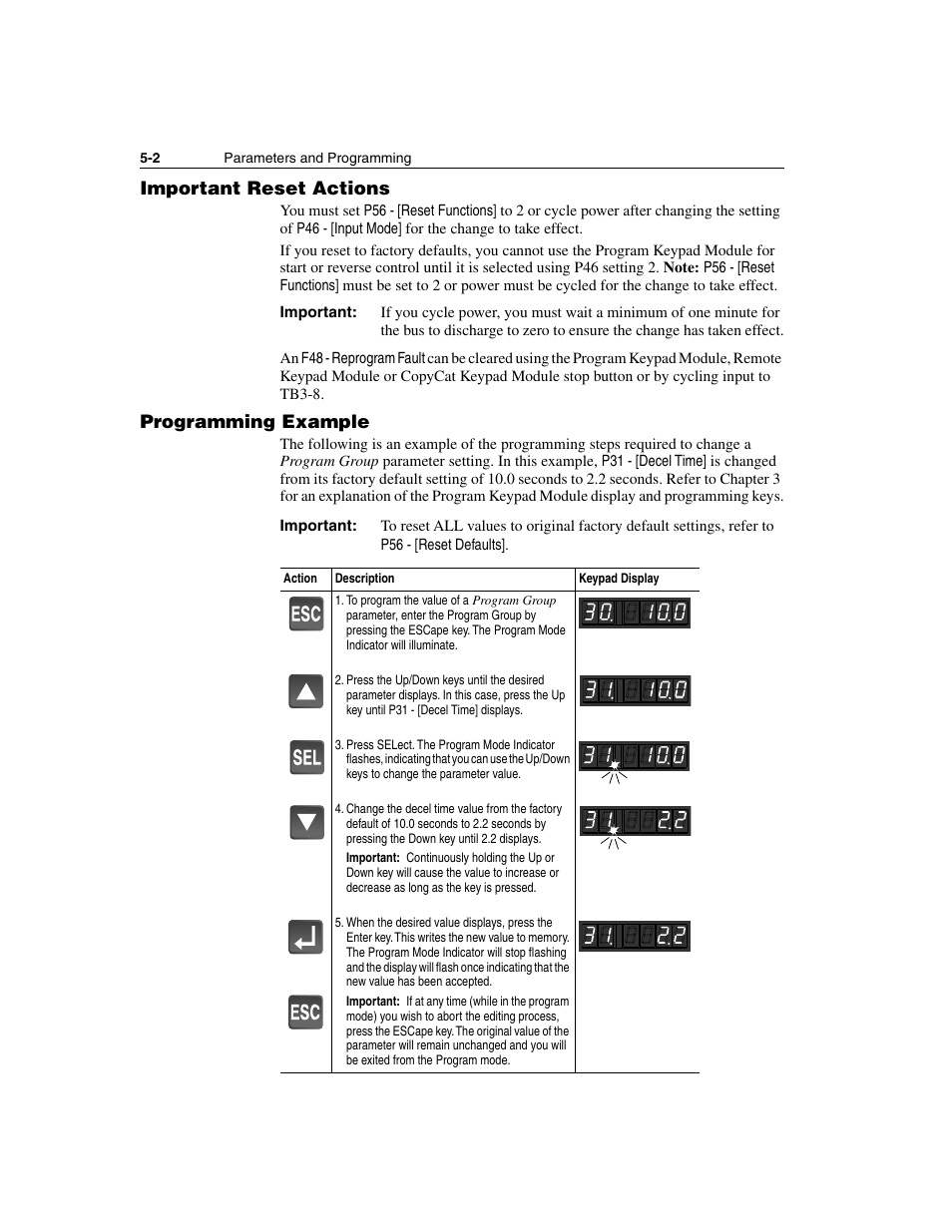 Important reset actions, Programming example, Important reset actions -2 programming example -2 | Rockwell Automation 160 SSC Series C FRN 7.xx User Manual | Page 40 / 88