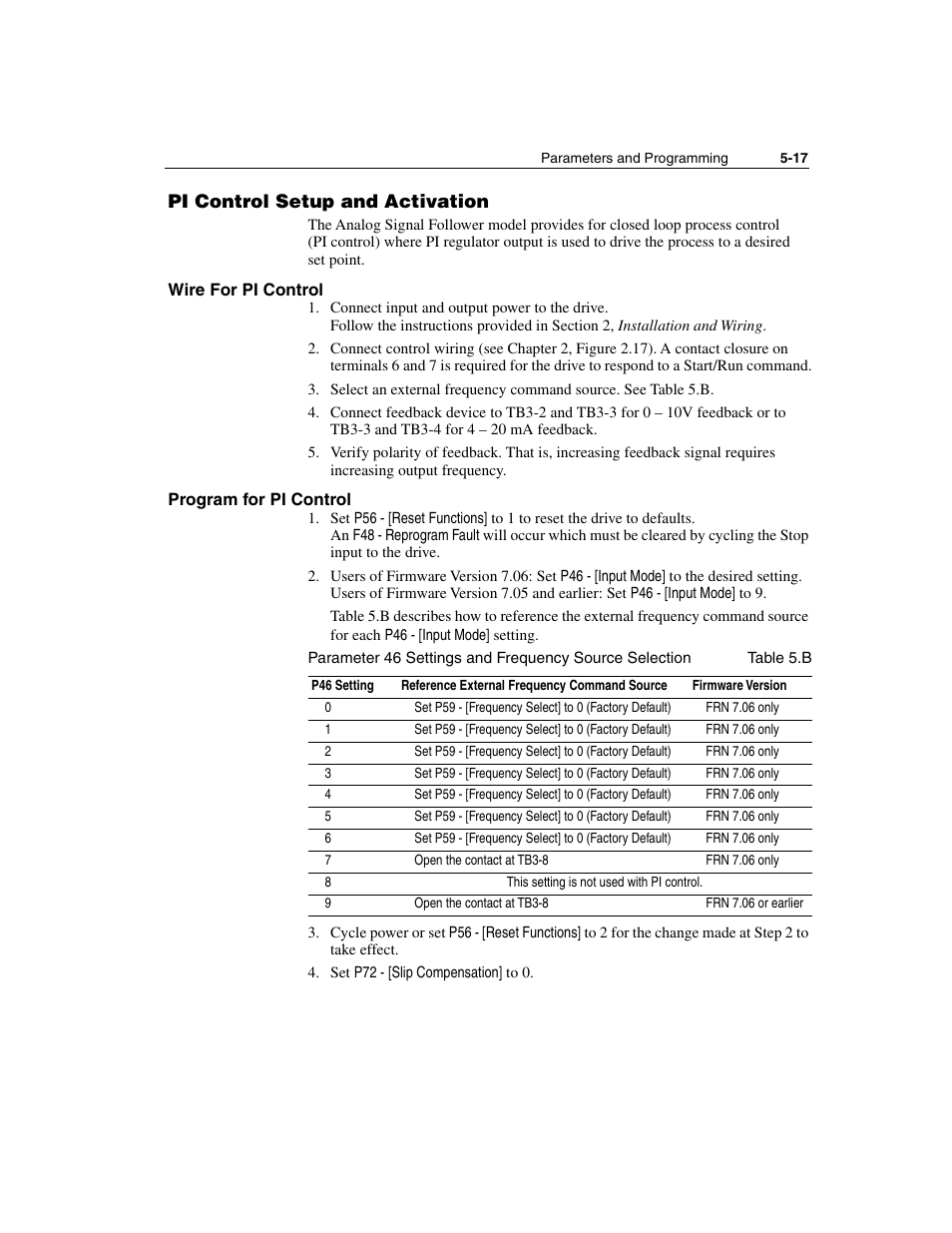 Pi control setup and activation, Wire for pi control, Program for pi control | Pi control setup and activation -17, Wire for pi control -17 program for pi control -17 | Rockwell Automation 160 SSC Series C FRN 7.xx User Manual | Page 55 / 88