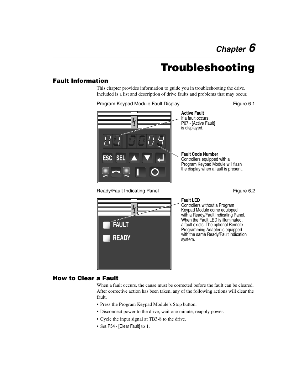 Chapter 6, Fault information, How to clear a fault | Troubleshooting, Fault information -1 how to clear a fault -1, Chapter, Fault ready | Rockwell Automation 160 SSC Series C FRN 7.xx User Manual | Page 59 / 88