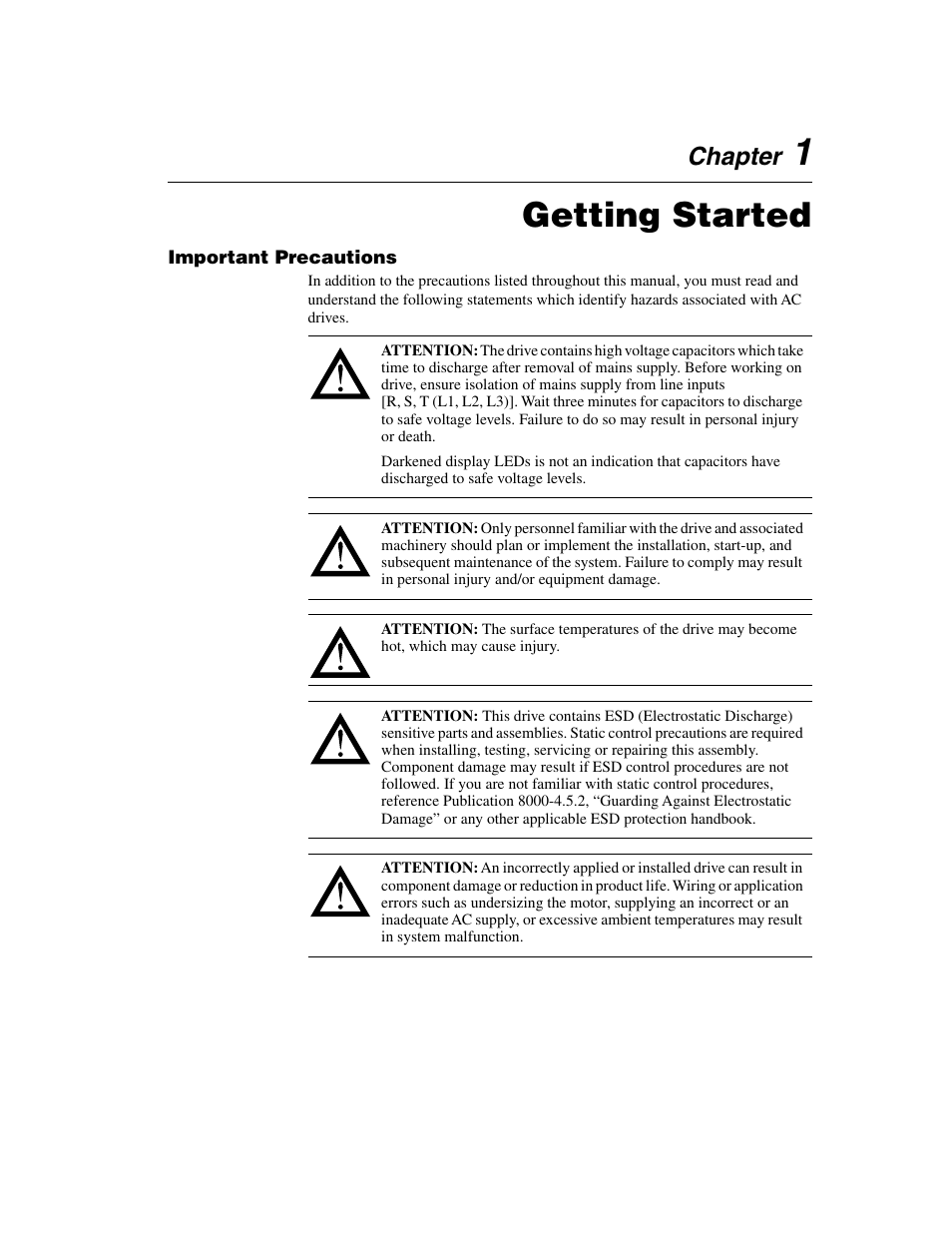 Chapter 1, Important precautions, Getting started | Important precautions -1, Chapter | Rockwell Automation 160 SSC Series C FRN 7.xx User Manual | Page 7 / 88