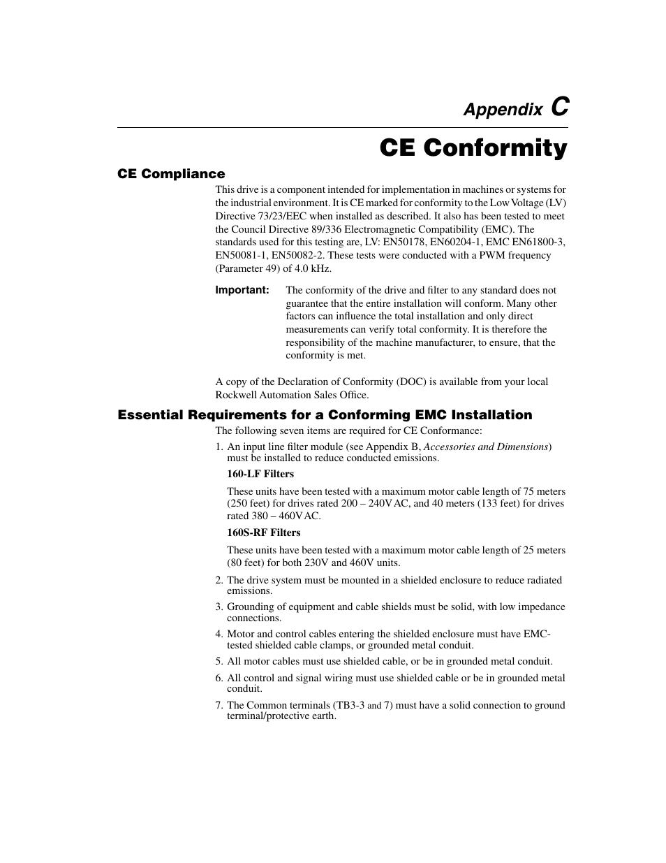 Appendix c, Ce compliance, Ce conformity | Appendix | Rockwell Automation 160 SSC Series C FRN 7.xx User Manual | Page 77 / 88