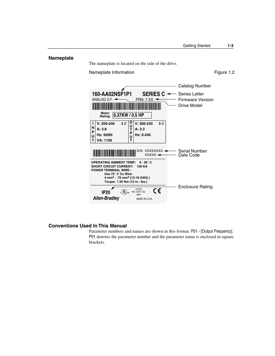 Nameplate, Conventions used in this manual, Nameplate -3 conventions used in this manual -3 | Aa02nsf1p1 series c, Ip20 allen-bradley, 37kw / 0.5 hp | Rockwell Automation 160 SSC Series C FRN 7.xx User Manual | Page 9 / 88