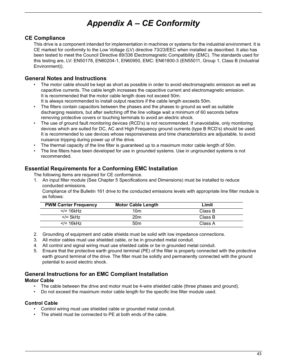 Ce compliance, General notes and instructions, Motor cable | Control cable, Appendix a – ce conformity | Rockwell Automation 161 SERIES B FRN 2.001 User Manual | Page 47 / 50