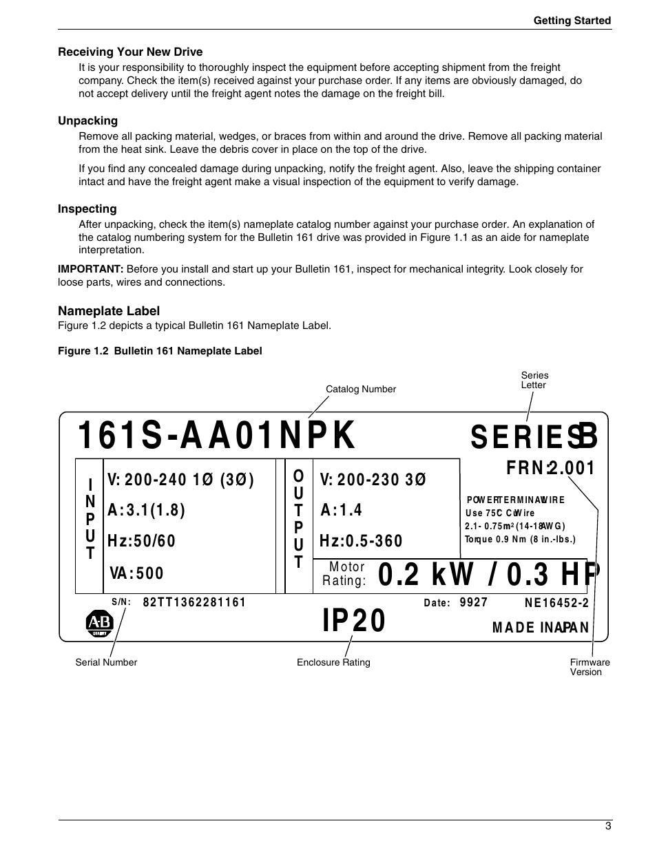 Series, 2 kw / 0.3 hp, Ip20 | Allen-bradley, Frn: 2.001 | Rockwell Automation 161 SERIES B FRN 2.001 User Manual | Page 7 / 50