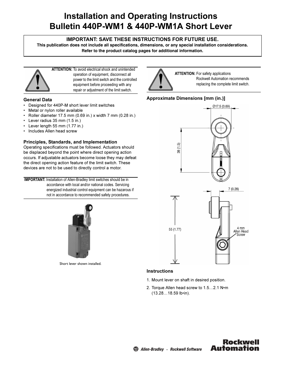 Rockwell Automation 440P-WM1A  Short Lever Installation/Operating Instructions User Manual | 2 pages