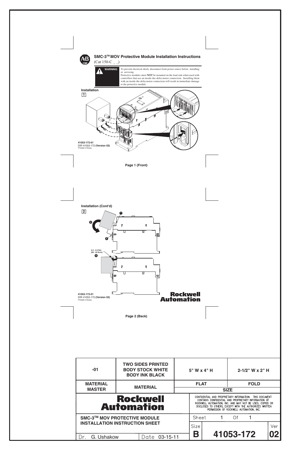 Rockwell Automation 150-Cxx SMC-3 Soft Starter MOV Protective Module Installation Instructions User Manual | 2 pages