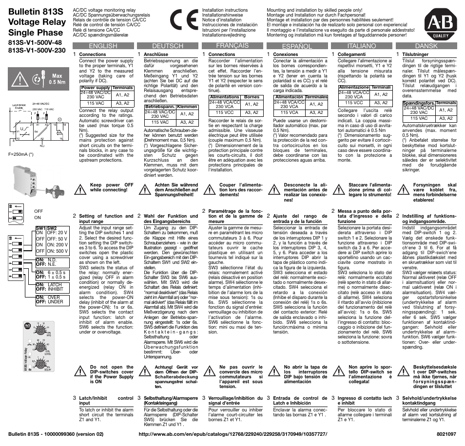 Rockwell Automation 813S-V1-500V-48_230 Voltage Relay Single Phase User Manual | 2 pages