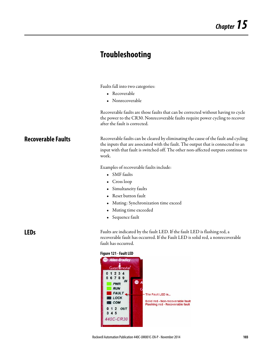 Troubleshooting, Recoverable faults, Leds | Chapter 15, Recoverable faults leds, Chapter | Rockwell Automation 440C Guardmaster 440C-CR30 Configurable Safety Relay User Manual User Manual | Page 103 / 150
