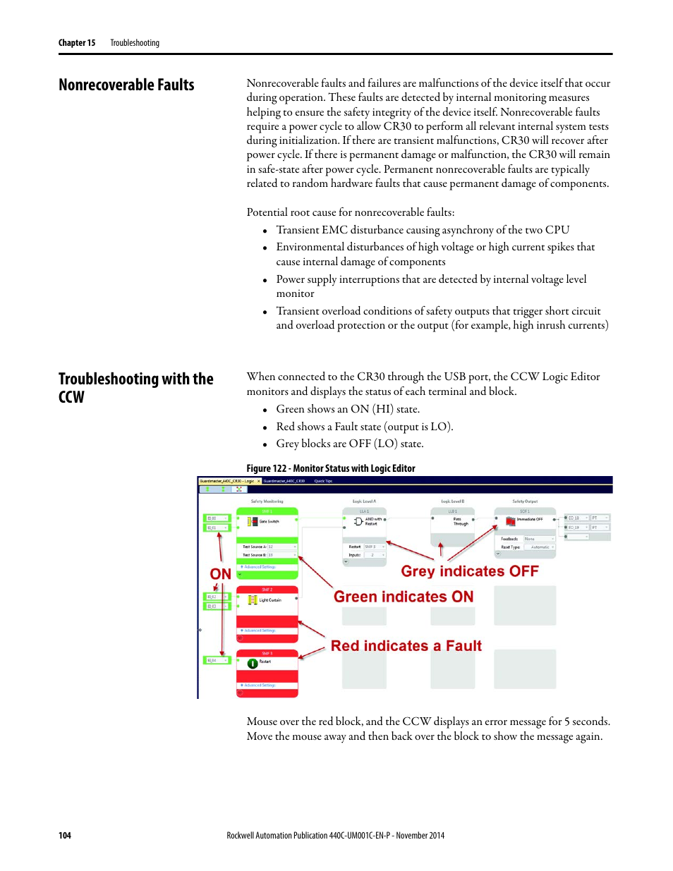 Nonrecoverable faults, Troubleshooting with the ccw, Nonrecoverable faults troubleshooting with the ccw | Rockwell Automation 440C Guardmaster 440C-CR30 Configurable Safety Relay User Manual User Manual | Page 104 / 150