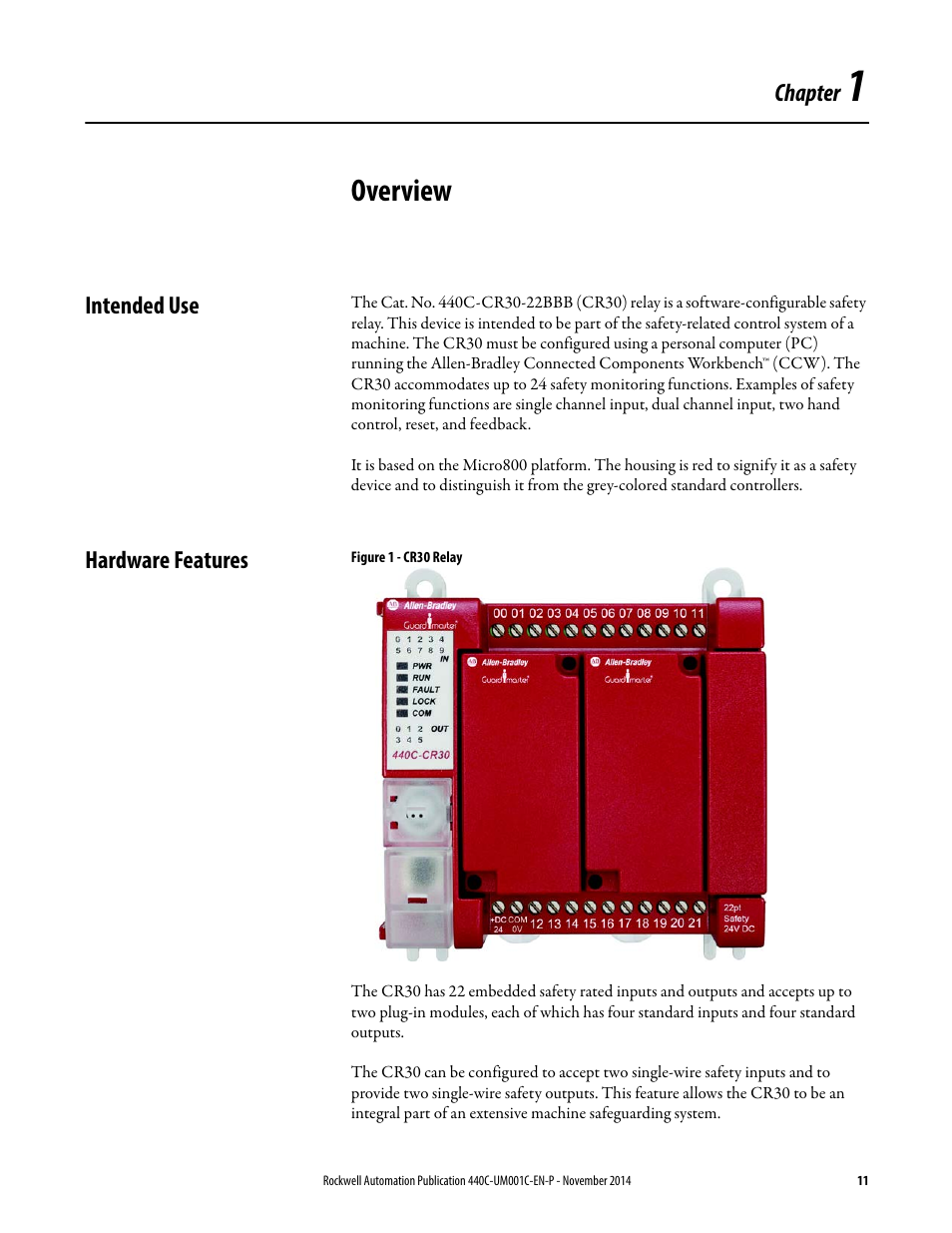 Overview, Intended use, Hardware features | Chapter 1, Intended use hardware features | Rockwell Automation 440C Guardmaster 440C-CR30 Configurable Safety Relay User Manual User Manual | Page 11 / 150