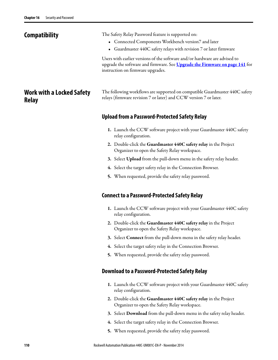 Compatibility, Work with a locked safety relay, Upload from a password-protected safety relay | Connect to a password-protected safety relay, Download to a password-protected safety relay, Compatibility work with a locked safety relay | Rockwell Automation 440C Guardmaster 440C-CR30 Configurable Safety Relay User Manual User Manual | Page 110 / 150