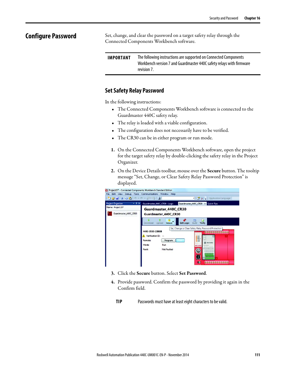Configure password, Set safety relay password | Rockwell Automation 440C Guardmaster 440C-CR30 Configurable Safety Relay User Manual User Manual | Page 111 / 150