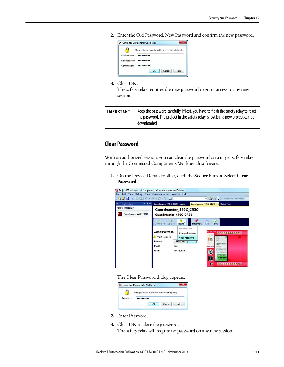 Clear password | Rockwell Automation 440C Guardmaster 440C-CR30 Configurable Safety Relay User Manual User Manual | Page 113 / 150