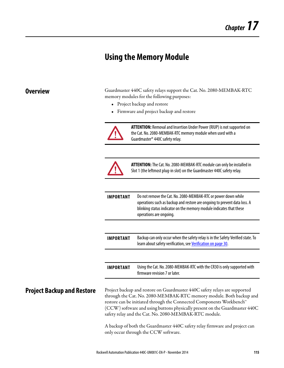 Using the memory module, Overview, Project backup and restore | Chapter 17, Overview project backup and restore, Chapter | Rockwell Automation 440C Guardmaster 440C-CR30 Configurable Safety Relay User Manual User Manual | Page 115 / 150