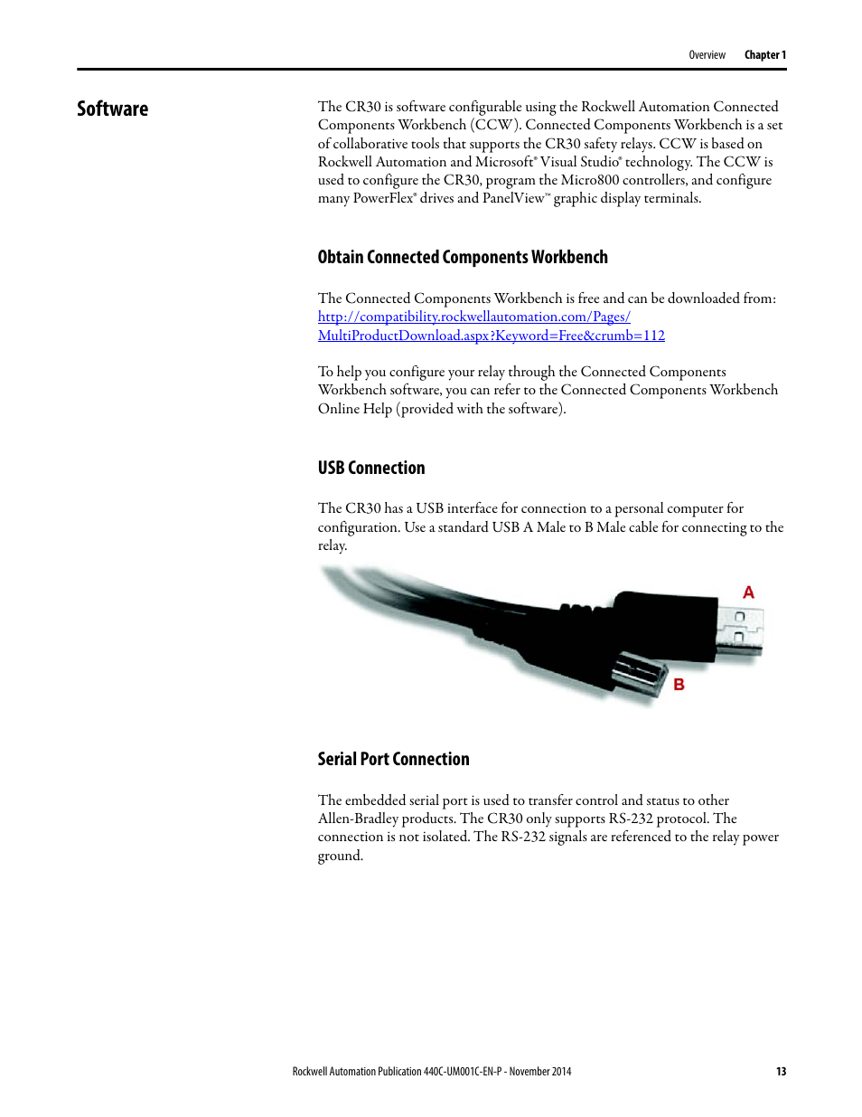 Software, Obtain connected components workbench, Usb connection | Serial port connection | Rockwell Automation 440C Guardmaster 440C-CR30 Configurable Safety Relay User Manual User Manual | Page 13 / 150