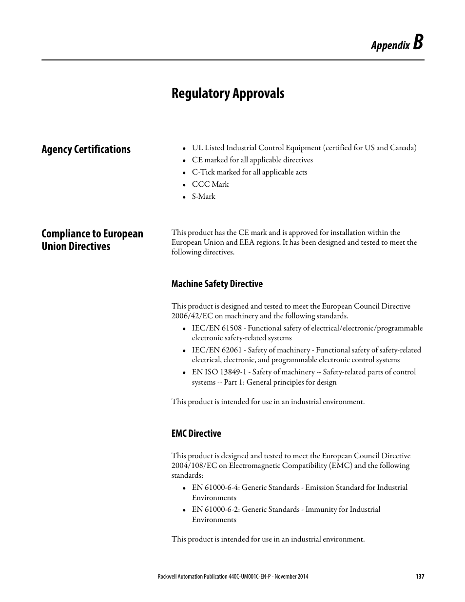 Regulatory approvals, Agency certifications, Compliance to european union directives | Machine safety directive, Emc directive, Appendix b, Machine safety directive emc directive, Appendix | Rockwell Automation 440C Guardmaster 440C-CR30 Configurable Safety Relay User Manual User Manual | Page 137 / 150