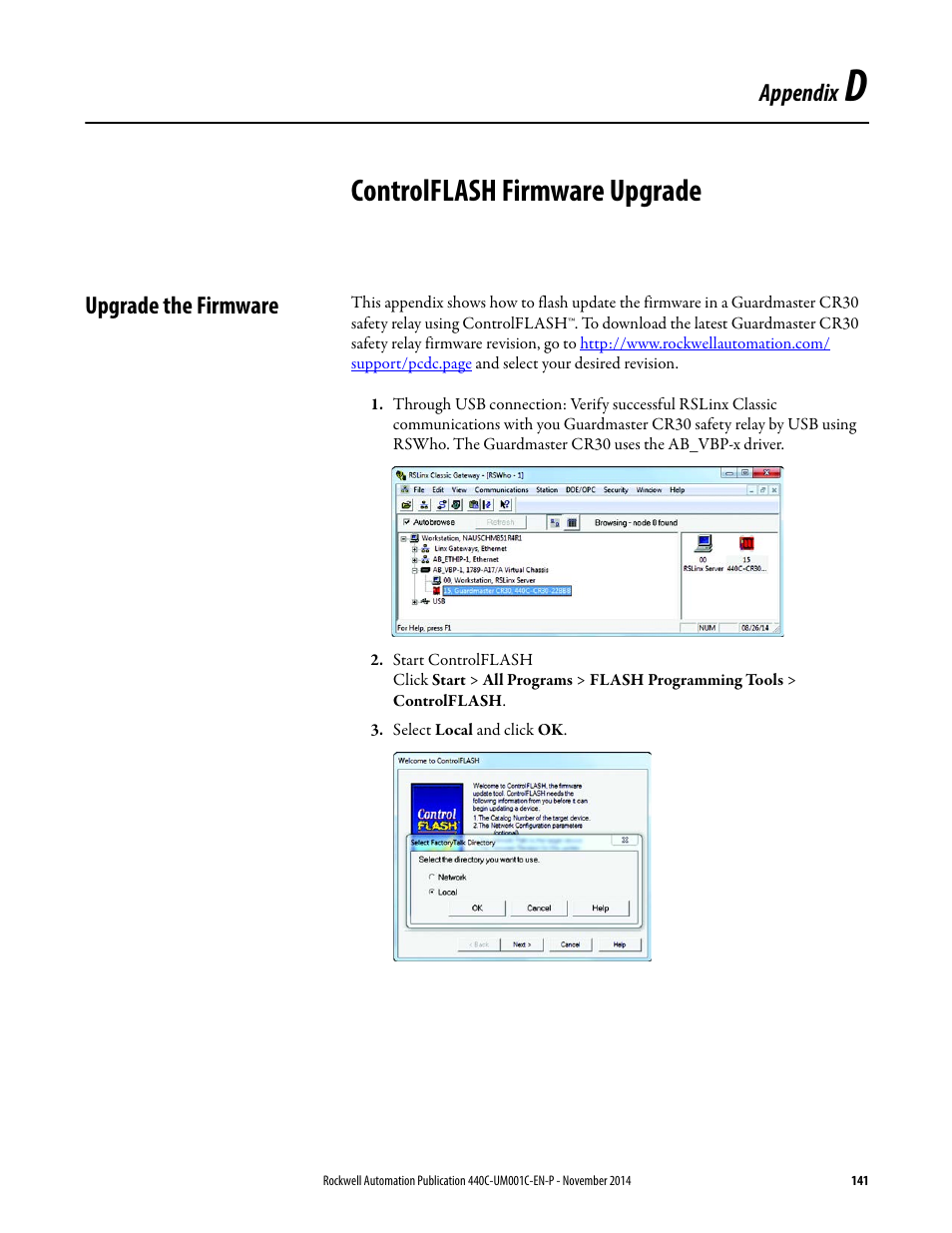 Controlflash firmware upgrade, Upgrade the firmware, Appendix d | Appendix | Rockwell Automation 440C Guardmaster 440C-CR30 Configurable Safety Relay User Manual User Manual | Page 141 / 150
