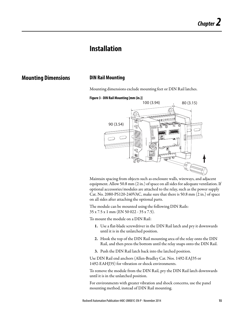 Installation, Mounting dimensions, Din rail mounting | Chapter 2, Chapter | Rockwell Automation 440C Guardmaster 440C-CR30 Configurable Safety Relay User Manual User Manual | Page 15 / 150