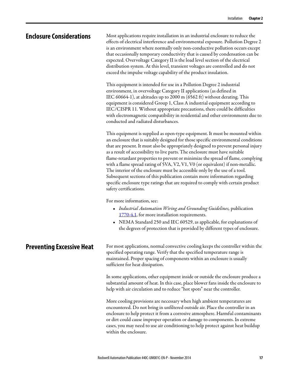 Enclosure considerations, Preventing excessive heat, Enclosure considerations preventing excessive heat | Rockwell Automation 440C Guardmaster 440C-CR30 Configurable Safety Relay User Manual User Manual | Page 17 / 150