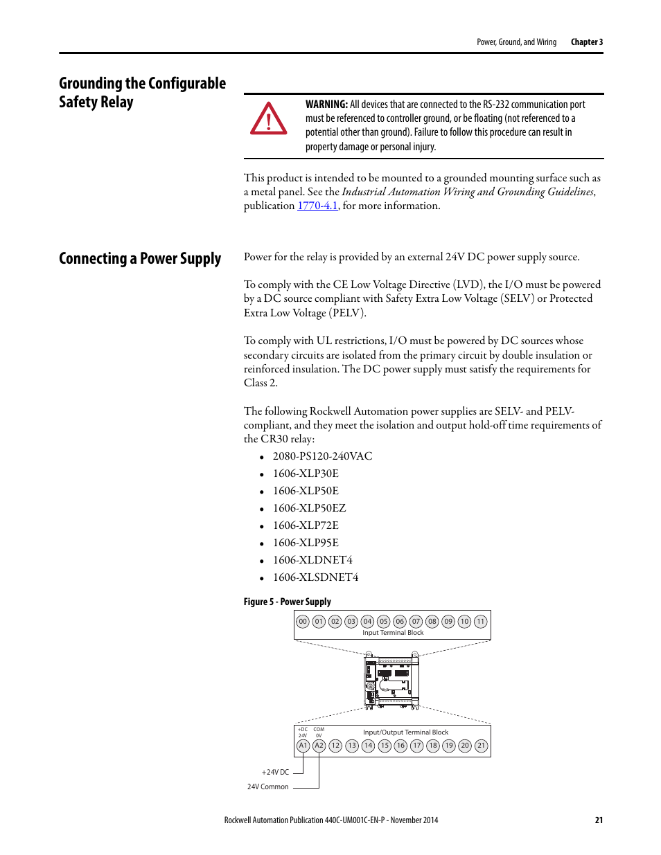Grounding the configurable safety relay, Connecting a power supply | Rockwell Automation 440C Guardmaster 440C-CR30 Configurable Safety Relay User Manual User Manual | Page 21 / 150