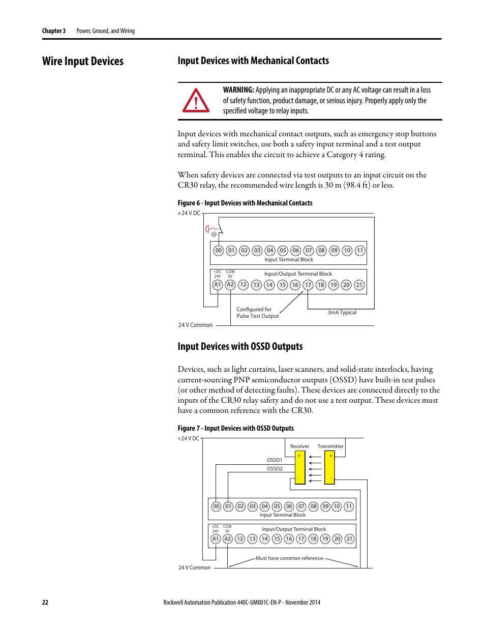 Wire input devices, Input devices with mechanical contacts, Input devices with ossd outputs | Figure 6 - input devices with mechanical contacts, Figure 7 - input devices with ossd outputs | Rockwell Automation 440C Guardmaster 440C-CR30 Configurable Safety Relay User Manual User Manual | Page 22 / 150