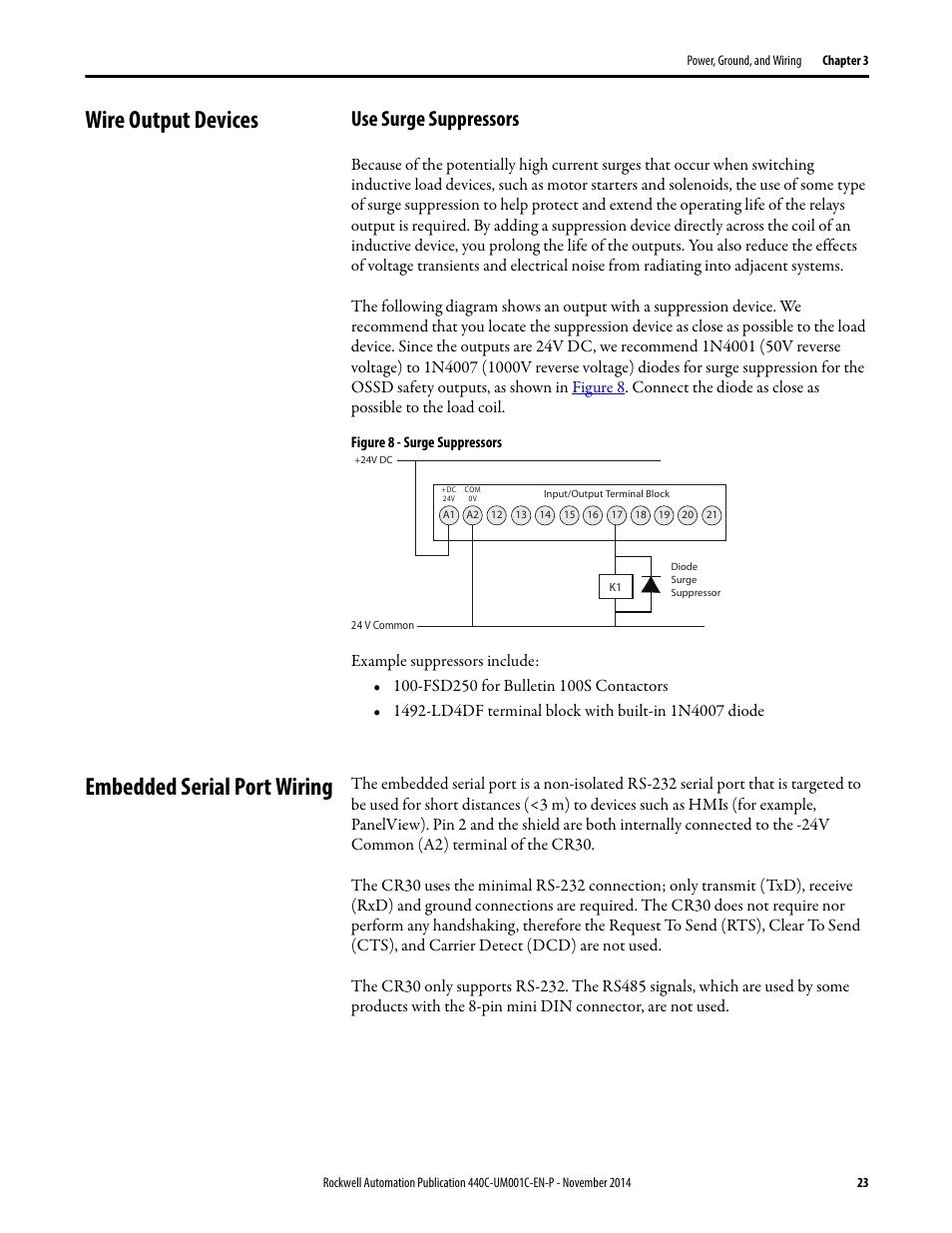 Wire output devices, Use surge suppressors, Embedded serial port wiring | Rockwell Automation 440C Guardmaster 440C-CR30 Configurable Safety Relay User Manual User Manual | Page 23 / 150