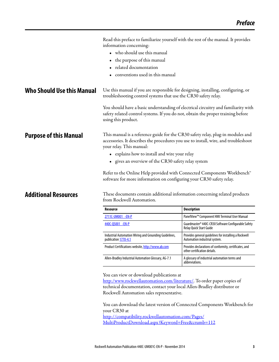 Preface, Who should use this manual, Purpose of this manual | Additional resources | Rockwell Automation 440C Guardmaster 440C-CR30 Configurable Safety Relay User Manual User Manual | Page 3 / 150