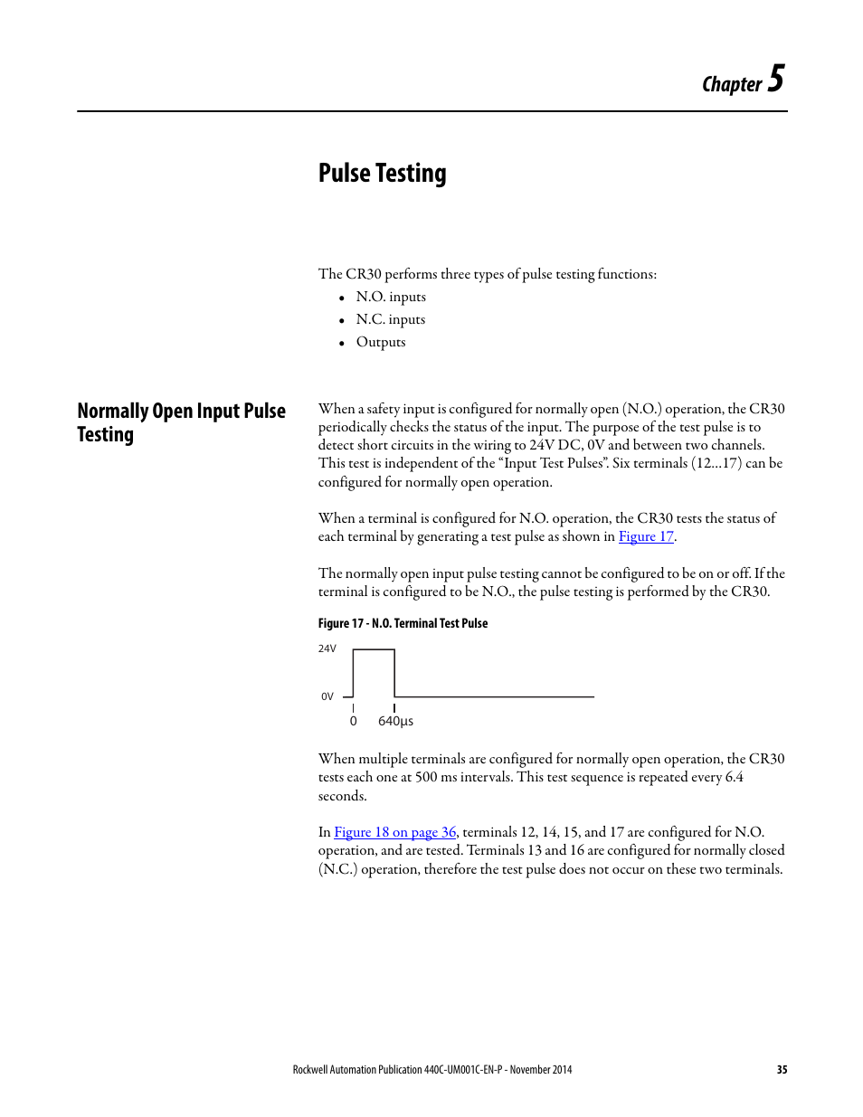 Pulse testing, Normally open input pulse testing, Chapter 5 | Chapter | Rockwell Automation 440C Guardmaster 440C-CR30 Configurable Safety Relay User Manual User Manual | Page 35 / 150