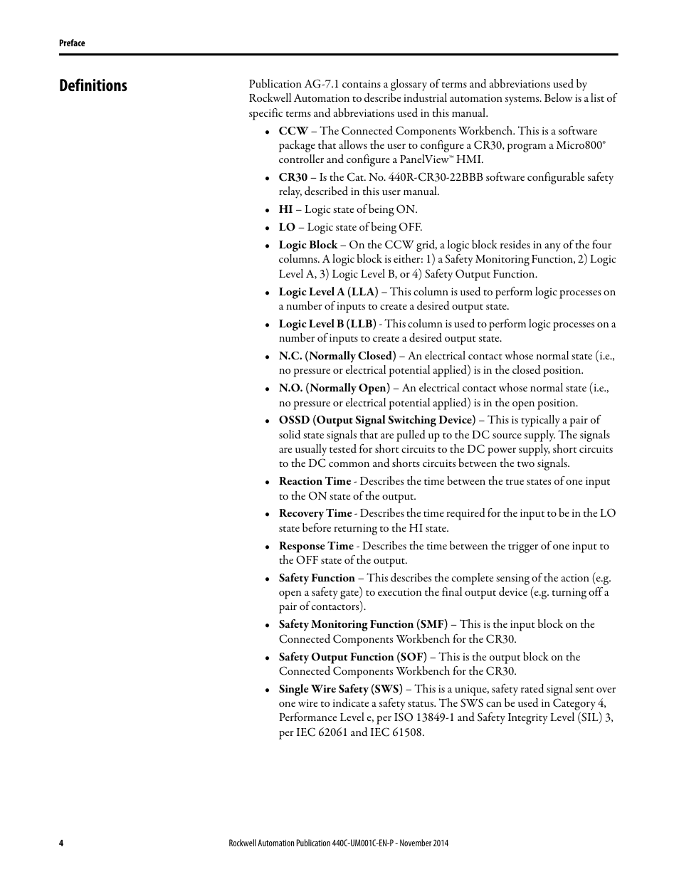 Definitions | Rockwell Automation 440C Guardmaster 440C-CR30 Configurable Safety Relay User Manual User Manual | Page 4 / 150