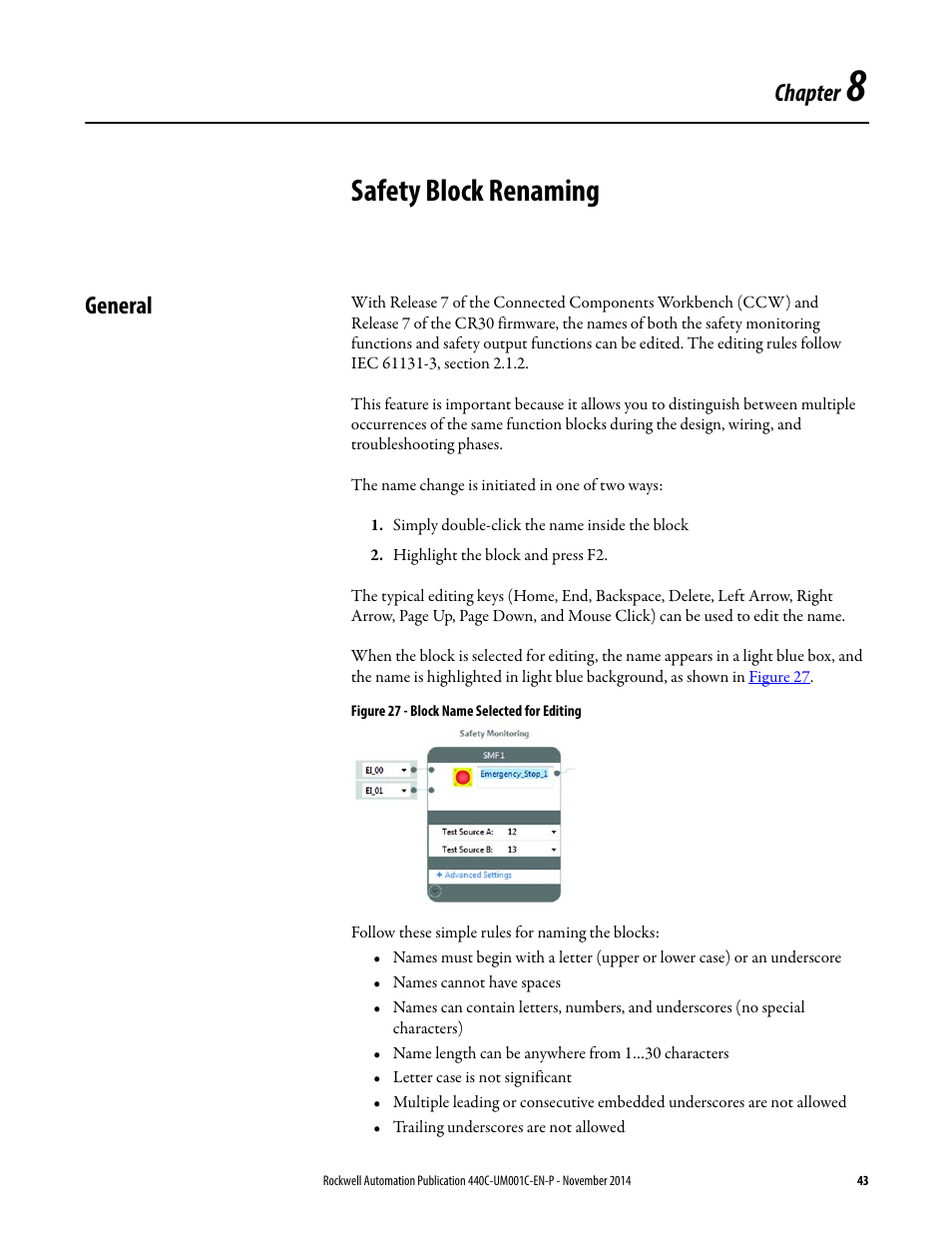 Safety block renaming, General, Chapter 8 | Chapter | Rockwell Automation 440C Guardmaster 440C-CR30 Configurable Safety Relay User Manual User Manual | Page 43 / 150
