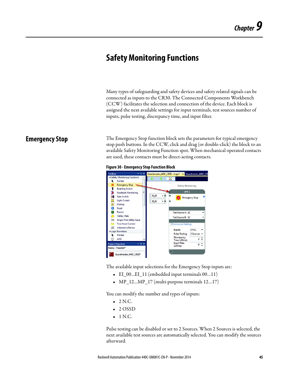 Safety monitoring functions, Emergency stop, Chapter 9 | Chapter | Rockwell Automation 440C Guardmaster 440C-CR30 Configurable Safety Relay User Manual User Manual | Page 45 / 150