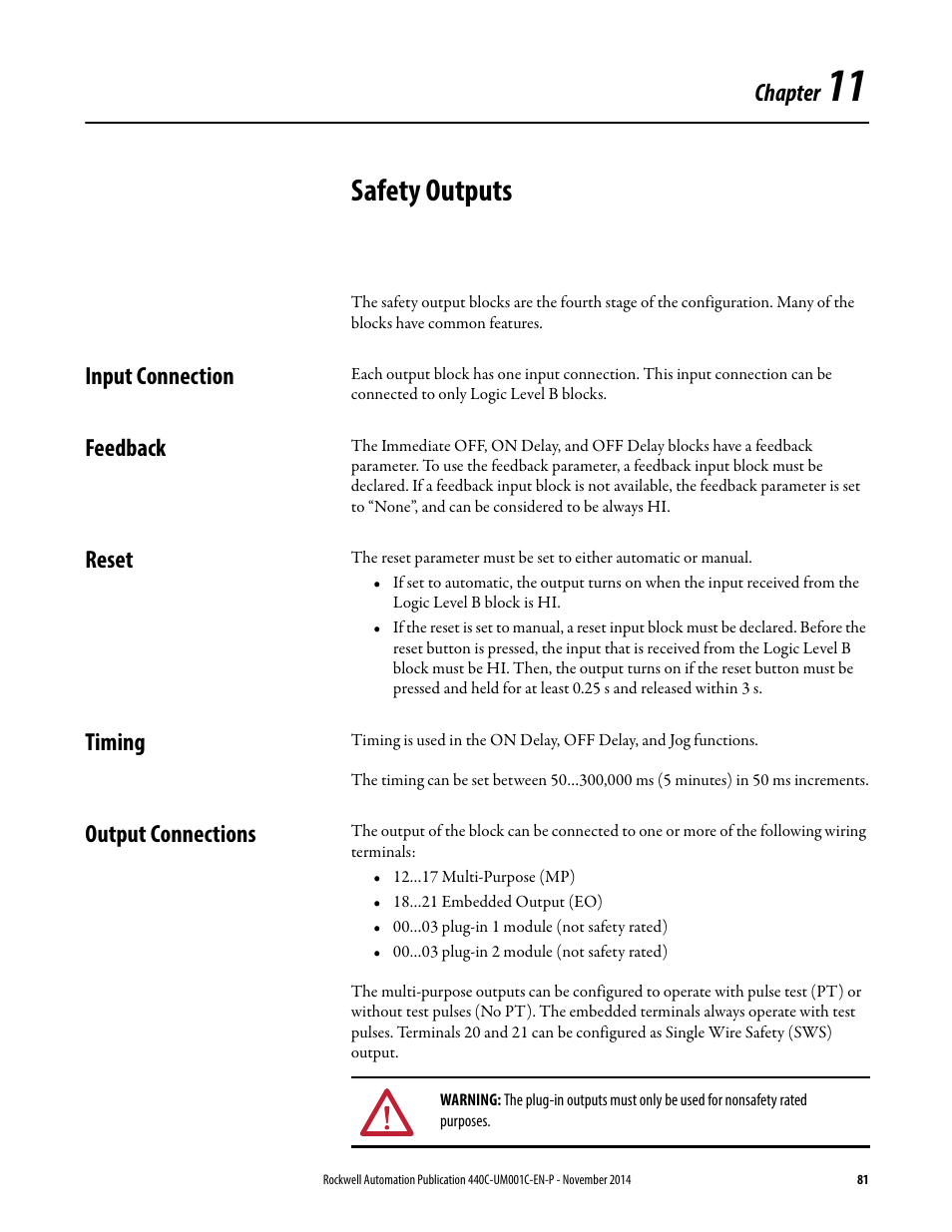 Safety outputs, Input connection, Feedback | Reset, Timing, Output connections, Chapter 11, Chapter | Rockwell Automation 440C Guardmaster 440C-CR30 Configurable Safety Relay User Manual User Manual | Page 81 / 150