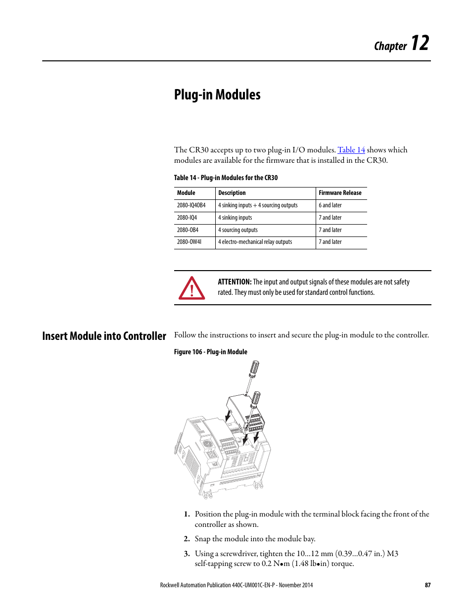 Plug-in modules, Insert module into controller, Chapter 12 | Chapter | Rockwell Automation 440C Guardmaster 440C-CR30 Configurable Safety Relay User Manual User Manual | Page 87 / 150