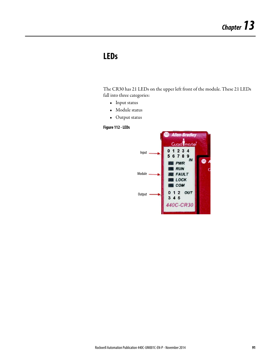 Leds, Chapter 13, Chapter | Rockwell Automation 440C Guardmaster 440C-CR30 Configurable Safety Relay User Manual User Manual | Page 91 / 150