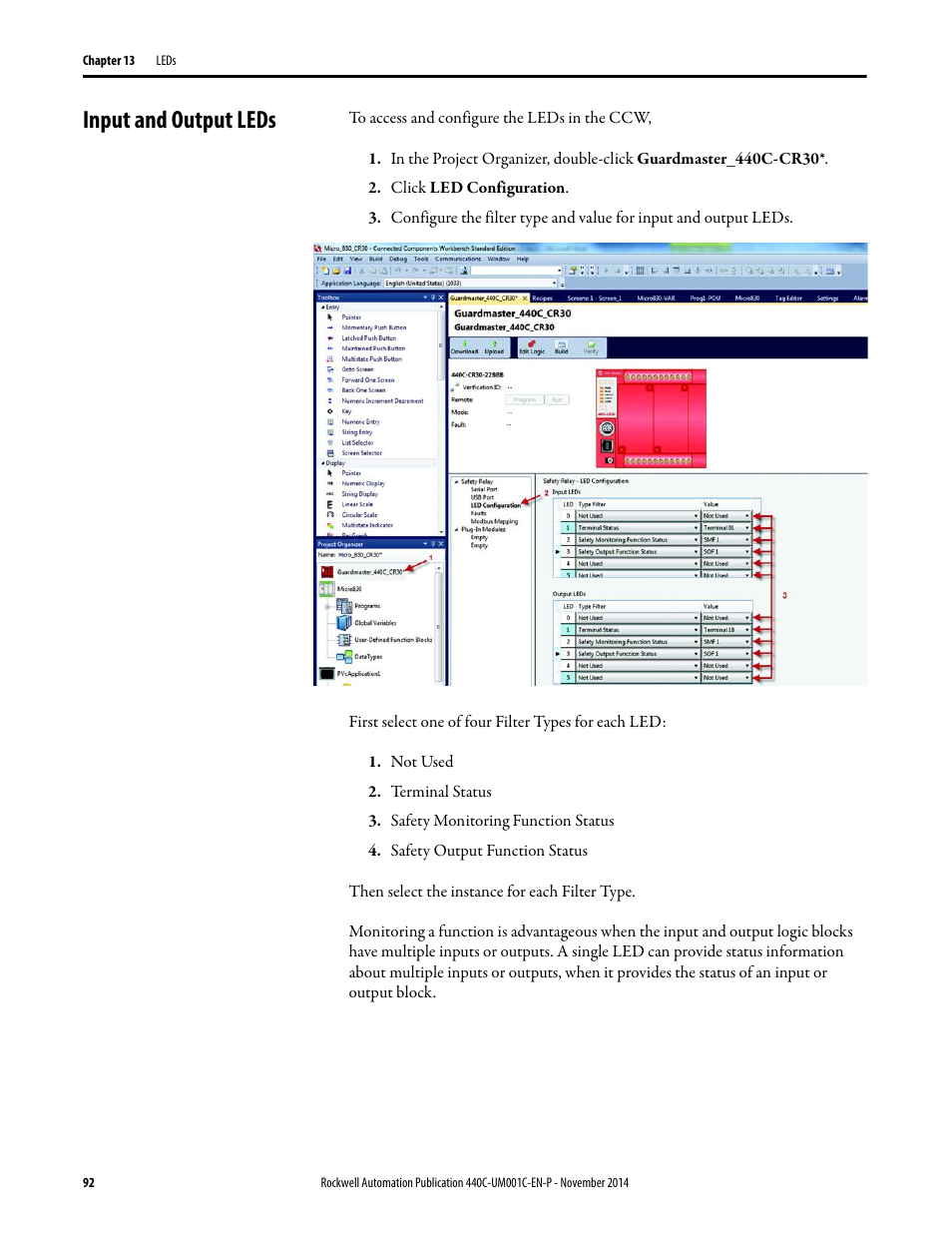 Input and output leds | Rockwell Automation 440C Guardmaster 440C-CR30 Configurable Safety Relay User Manual User Manual | Page 92 / 150