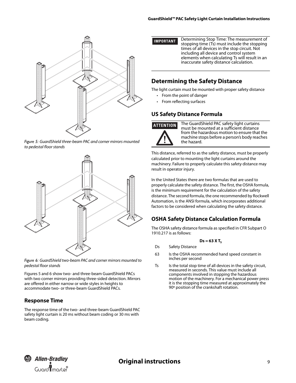 Original instructions, Determining the safety distance | Rockwell Automation 440L GuardShield PAC Type 4 Safety Light Curtain User Manual | Page 11 / 36