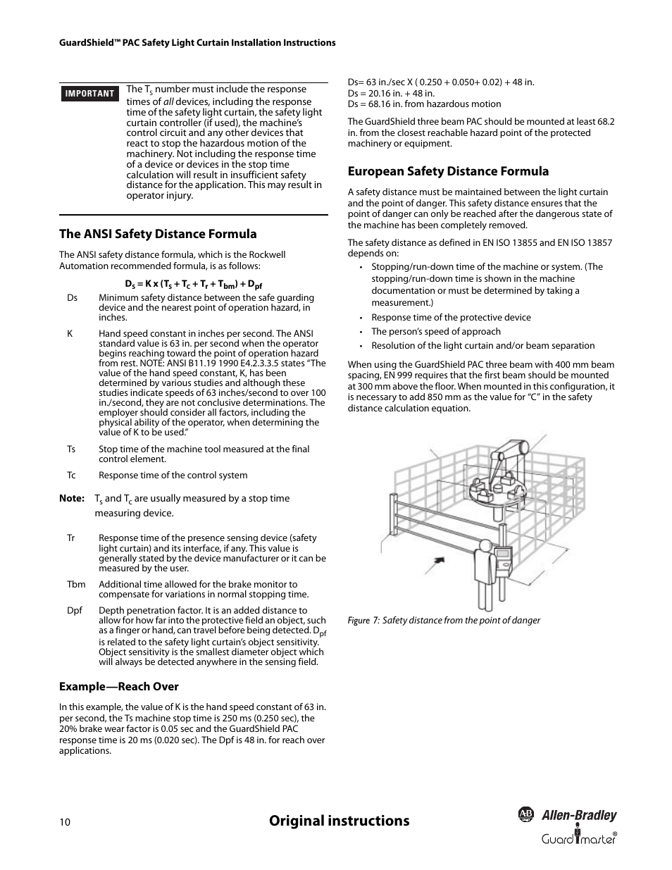 Original instructions, The ansi safety distance formula, European safety distance formula | Rockwell Automation 440L GuardShield PAC Type 4 Safety Light Curtain User Manual | Page 12 / 36