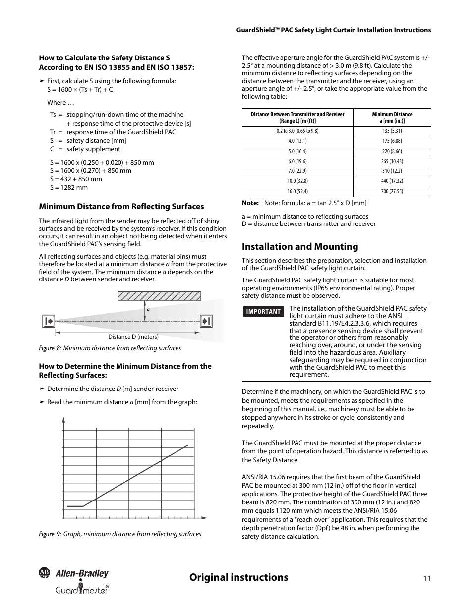 Original instructions, Installation and mounting, Minimum distance from reflecting surfaces | Rockwell Automation 440L GuardShield PAC Type 4 Safety Light Curtain User Manual | Page 13 / 36