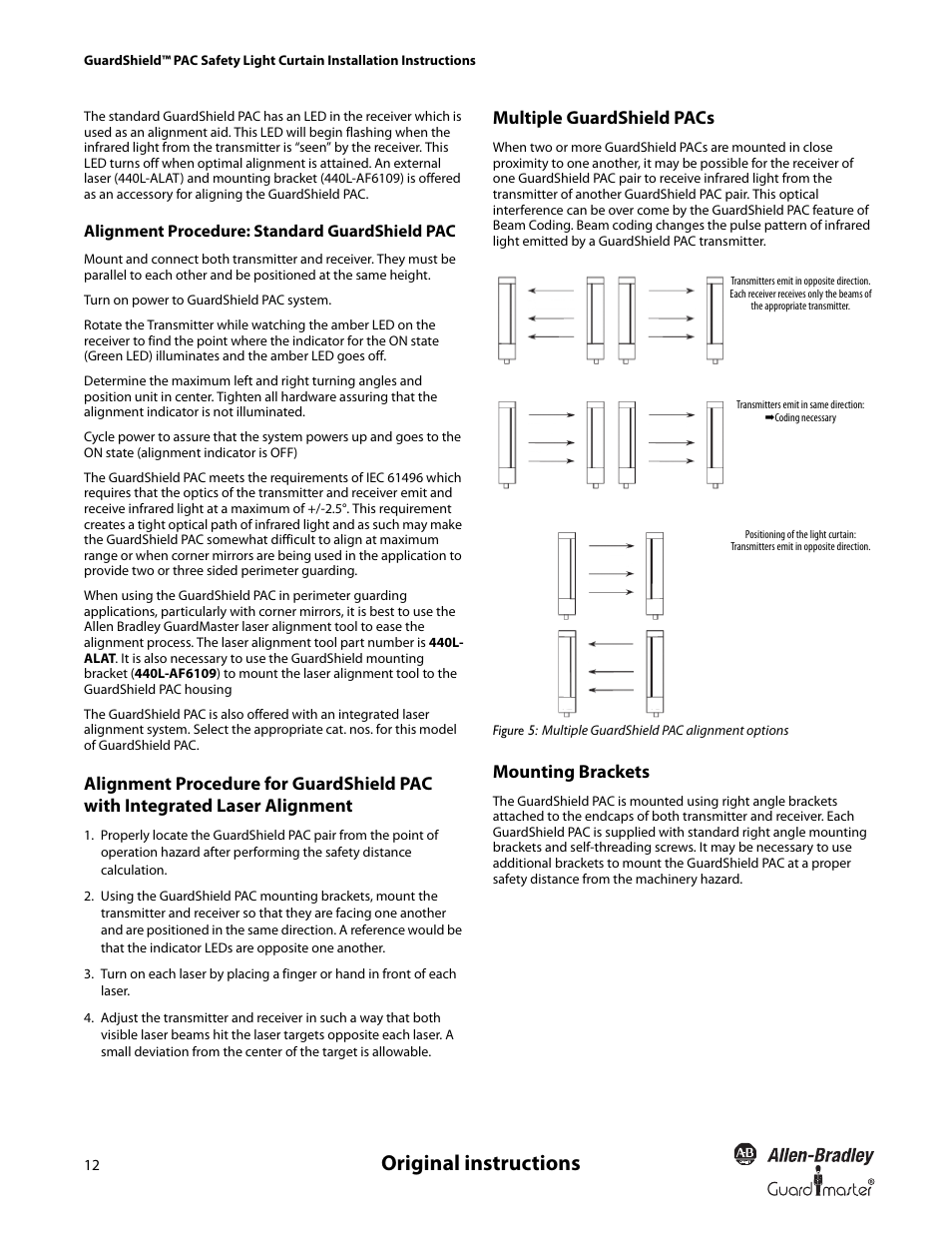 Original instructions, Multiple guardshield pacs, Mounting brackets | Rockwell Automation 440L GuardShield PAC Type 4 Safety Light Curtain User Manual | Page 14 / 36