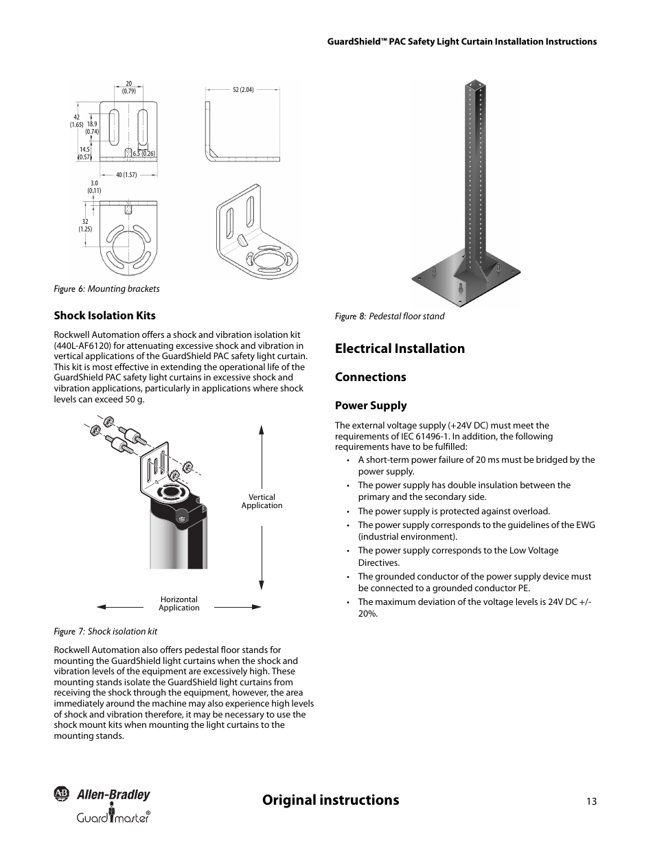 Original instructions, Electrical installation, Connections | Shock isolation kits, Power supply | Rockwell Automation 440L GuardShield PAC Type 4 Safety Light Curtain User Manual | Page 15 / 36