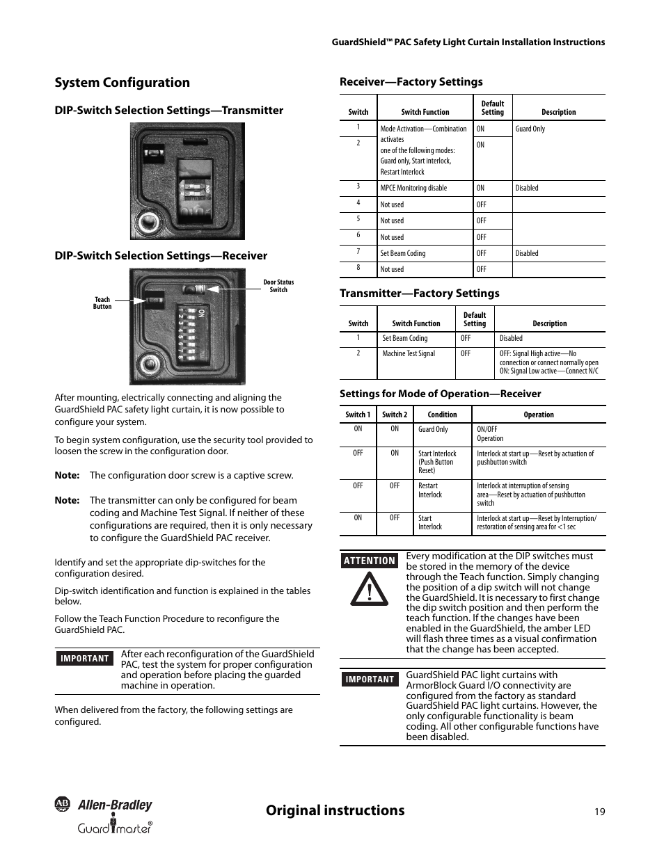 Original instructions, System configuration | Rockwell Automation 440L GuardShield PAC Type 4 Safety Light Curtain User Manual | Page 21 / 36
