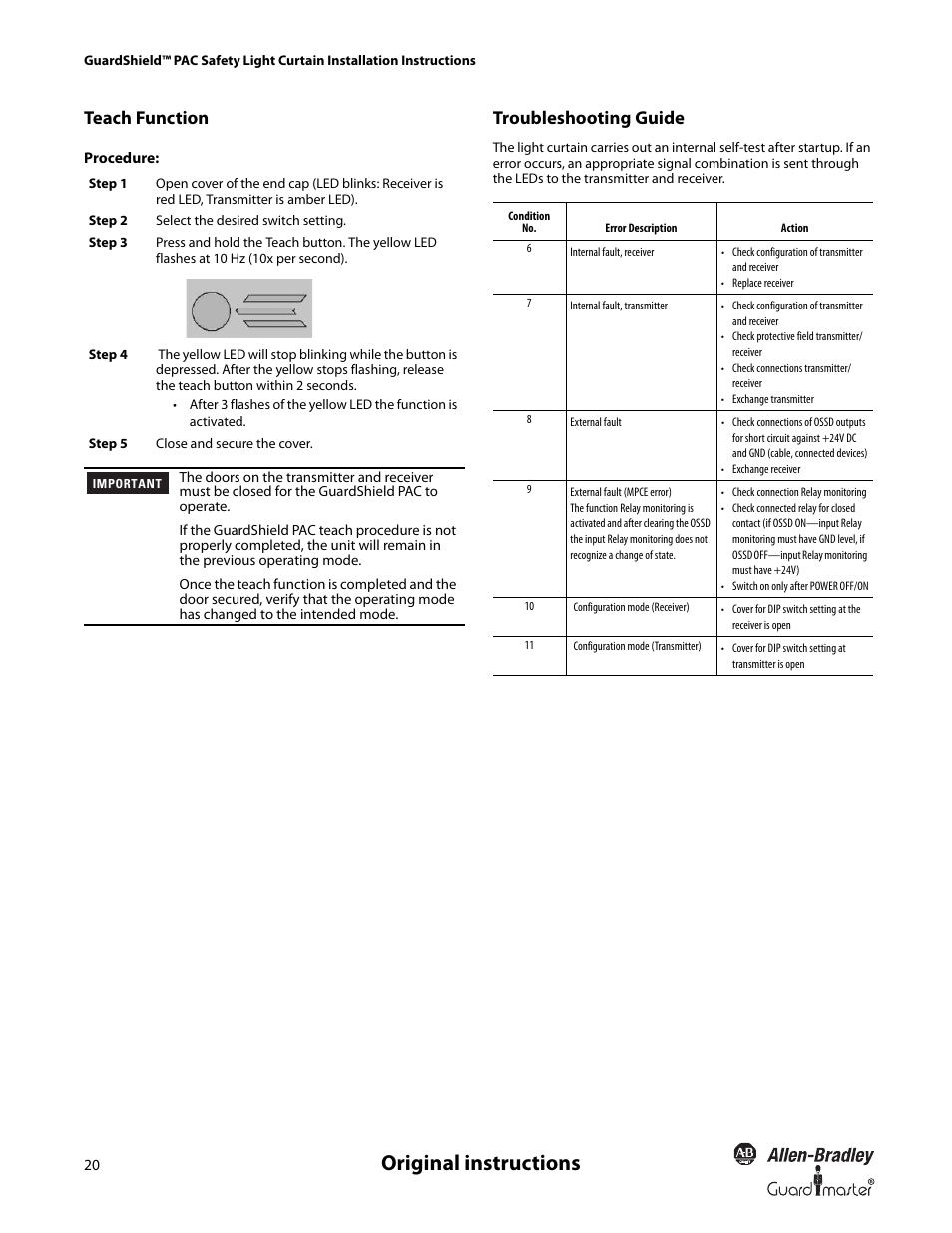 Original instructions, Teach function, Troubleshooting guide | Rockwell Automation 440L GuardShield PAC Type 4 Safety Light Curtain User Manual | Page 22 / 36