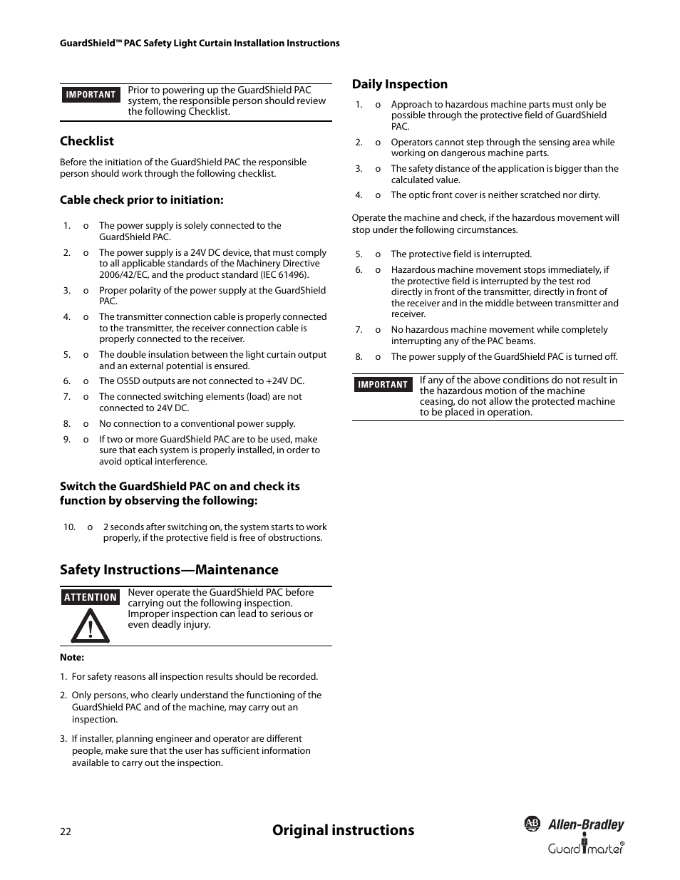 Original instructions, Safety instructions—maintenance, Checklist | Daily inspection | Rockwell Automation 440L GuardShield PAC Type 4 Safety Light Curtain User Manual | Page 24 / 36